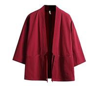 Haseil Men's Kimono Cardigan Japanese Jackets Casual Cotton 3/4 Sleeve Shirt Open Front Coat Lightweight Linen Outwear, Red, XXL
