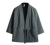 Haseil Men's Kimono Cardigan Japanese Jackets Casual Cotton 3/4 Sleeve Shirt Open Front Coat Lightweight Linen Outwear, Gray, XXL
