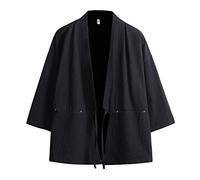 Haseil Men's Kimono Cardigan Japanese Jackets Casual Cotton 3/4 Sleeve Shirt Open Front Coat Lightweight Linen Outwear, Black, L