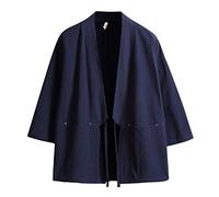 Haseil Men's Kimono Cardigan Japanese Jackets Casual Cotton 3/4 Sleeve Shirt Open Front Coat Lightweight Linen Outwear, Navy Blue, L