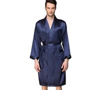 Haseil Men's Satin Kimono Robe Spring Summer Shawl Collar Sleepwear Classic Silk Bathrobes - Blue - tag SizeX-Large=US Large
