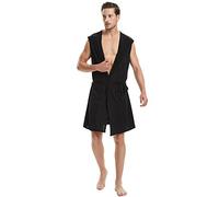 Haseil Men's Silk Kimono Bathrobe Hooded Sleeveless Open Front Sleepwear Pajamas - Black -