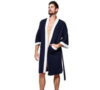 Haseil Men's Turkish Cotton Bathrobe Waffle Kimono Terry Cloth Hotel Spa Robes, Navy Blue, XL