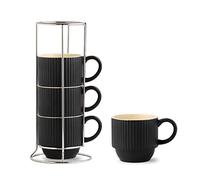Hasense Black Coffee Mug Porcelain Set of 4 with Rack - 12 oz Stackable Coffee Cups Ceramic, Modern Ribbed Latte Cup Sets for Cappuccino, Tea, Espresso, Hot Cocoa, Drinks - Dishwasher & Microwave Safe