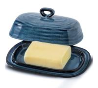 Hasense Butter Dish with Lid, Porcelain Butter Container with Handle for Countertop, Large Butter Keeper & Holder with Cover for West East Coast Butter, Farmhouse Kitchen Decor for Gift, Blue