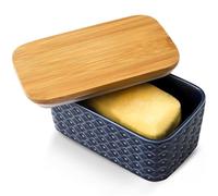 Hasense Ceramic Butter Dish with Bamboo Lid, Large Butter Container for Countertop Airtight Butter Stick Covered Keeper,Navy Blue Embossed Pattern,Easy Clean Dishwasher Safe