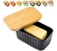 Hasense Ceramic Butter Dish with Lid, Black Butter Container for Countertop Airtight Butter Stick Covered Keeper, Embossed Pattern,Easy Clean Dishwasher Safe