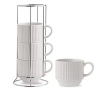 Hasense Ceramic Coffee Mugs Set of 4 with Rack - 15 oz Stackable Large Porcelain Ribbed Latte Cup Set for Cappuccino, Tea, Hot Cocoa, Drinks - Dishwasher & Microwave Safe, White