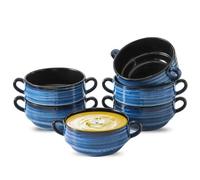 HASENSE Ceramic Soup Bowls, 20 oz French Onion Soup Bowls with Handle Set of 6, Small Serving Crock for Stew, Pasta, Chili, Cereal, Microwave Oven and Dishwasher Safe, Blue
