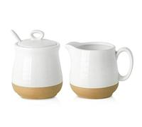 Hasense Ceramic Sugar and Creamer Set, 3 Piece Coffee Serving Set with Cream Pitcher, Sugar Bowl, Lid & Spoon, 10 Ounce Sugar and Creamer Set for Coffee Bar, Perfect for Wedding Gift (White)