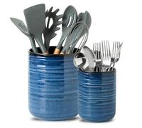 HASENSE Ceramic Utensil Holder Set of 2 (7.4"+5.5"), Modern Farmhouse Kitchen Utensil Crocks for Countertop, Blue Kitchen Tool Organizer for Spatulas, Whisks, Tongs & Cooking Tools