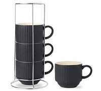 Hasense Coffee Mug Ceramic Set of 4 with Stand - 15 oz Stackable Large Porcelain Ribbed Latte Cup Set for Cappuccino, Tea, Hot Cocoa, Drinks - Dishwasher & Microwave Safe, Black