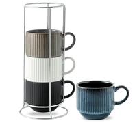 Hasense Coffee Mug Set of 4 with Holder - 15 oz Stackable Large Ceramic Ribbed Latte Cup Set for Cappuccino, Tea, Hot Cocoa, Drinks - Dishwasher & Microwave Safe Multi color