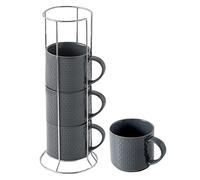 Hasense Coffee Mugs Set of 4 with Stand, 15 oz Porcelain Stackable Coffee Cups Set with handle for Tea, Latte, Milk and Cappuccino, Grey Embossed Tea Cups Set with Geometric Patterns for Men and Women