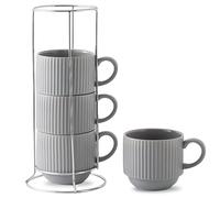 Hasense Coffee Mugs Set, Stacking Tea Cups Set of 4 with Holder - 15 oz Large Ceramic Ribbed Latte Cup Set for Cappuccino, Tea, Hot Cocoa, Drinks - Dishwasher & Microwave Safe, Grey