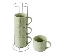 HASENSE Coffee Mugs Set with rack, 15 Ounce Porcelain Stackable Large Coffee Cups Set of 4 with handle for Drinks Like Tea, Cappuccino, Milk, Mocha and Cereal, Microwave & Dishwasher Safe, Green