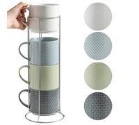 HASENSE Coffee Mugs with Metal Stand,15 oz Ceramic Stackable Mug Set Embossed Latte Cup, Ceramic Coffee Cups with Handle for Cappuccino and Tea, Multi Color