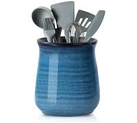 HASENSE Extra Large Ceramic Utensil Holder Crock for Kitchen Counter, 7.1” x 5.9” Vintage Farmhouse Blue Caddy, Rustic Kitchen Utensil Organizer for Spatulas, Spoons & Cooking Tools