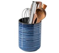 HASENSE Large Ceramic Utensil Holder, 7.4" Kitchen Utensil Crock for Countertop, Modern Farmhouse Utensil Organizer Caddy for Cooking Utensil Set, Blue Kitchen Decor