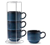 Hasense Large Coffee Mug Set of 4 with Holder - 15 Oz Stackable Ceramic Ribbed Latte Cup Set for Cappuccino, Tea, Hot Cocoa, Drinks - Dishwasher & Microwave Safe, Navy