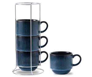 HASENSE Large Coffee Mug Set of 4 with Holder - 15 Oz Stackable Ceramic Ribbed Latte Cup Set for Cappuccino, Tea, Hot Cocoa, Drinks - Dishwasher & Microwave Safe, Navy