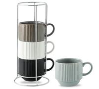 Hasense Large Coffee Mug Set of 4 with Rack - 15 oz Stacking Ceramic Ribbed Latte Cups Set for Cappuccino, Tea, Hot Cocoa, Drinks - Dishwasher & Microwave Safe Assorted Colors