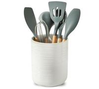 Hasense Large Utensil Holder, 7.4" x 6.2" Ceramic Utensil Holder for Kitchen Counter, Utensil Oganizer for Utensil Set, Farmhouse Cooking Utensil Crock for Kitchen Decor, Clay-Infused White