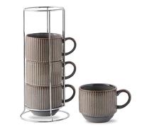 HASENSE Porcealin Coffee Mugs, Stackable Coffee Cups Set of 4 with Stand - 15 oz Large Ceramic Ribbed Latte Cup Set for Cappuccino, Tea, Hot Cocoa, Drinks - Dishwasher & Microwave Safe, Brown