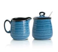 Hasense Porcelain Sugar and Creamer Set,11 Ounce Sugar Bowl with Lid and Spoon,10 Ounce Cream Pitcher,Farmhouse Coffee Sets for Serving,Dishwasher Safe(Blue)