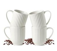 HASENSE Textured Large Coffee Mugs Set of 4, 16 Oz Ribbed Ceramic Cups with Large Handle for Latte Tea Cappuccino, Stackable Embossed Mug Set for Mom Dad, Microwave Dishwasher Safe, Creamy White