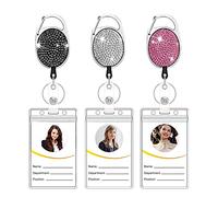 HASFINE 3 Pack Retractable Badge Reels-Handmade Bling Rhinestone ID Holders with Belt Clip & Key Ring- Bonus 3 Clear ID Card Sleeves- Ideal for Work, Teachers, Nurses, and Students