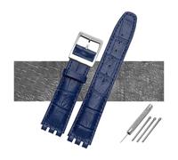 HASGTFM 17mm 19mm Waterproof Leather Watch Strap Band Black Brown White With Clasp Fit For Swatch Wathcband(B Dark blue,19mm silver buckle)