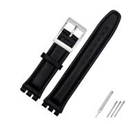 HASGTFM 17mm 19mm Waterproof Leather Watch Strap Band Black Brown White With Clasp Fit For Swatch Wathcband(A Black,19mm silver buckle)