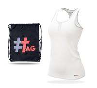 HASH TAG Women Workout Racerback Tank Top - White Ladies Soft Ribbed Gym Top Vest - Sleeveless Button Neck Top - Waterproof Draw String Bag - XLarge