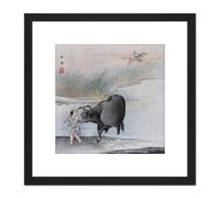 Hashimoto Gaho Crossing Cow Japan Painting 8X8 Inch Square Wooden Framed Wall Art Print Picture with Mount Artery8 Black One Size
