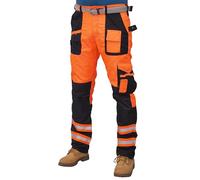 HASHOOB TRADING FZE Men’s Hi Vis Trousers High Visibility Mens Work Trousers Multi Pocket Workwear Pants (T2HV-OR1, 32W X 34L) Orange