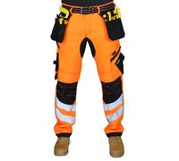 HASHOOB TRADING FZE Men’s Hi Vis Work Trousers Multi Pocket with Hi viz Tape Cargo Trousers Workwear Pants (10-OR1, 38W X 30L) Orange