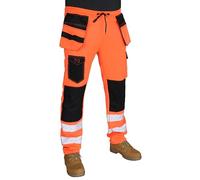 HASHOOB TRADING FZE Men's Hi Viz Work Trousers Fleece Holster and Knee Pad Pocket Designer Hi Vis Tape Jogger Pants (15-FFS-Orange, S)