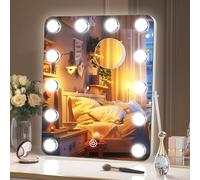 Hasipu Hollywood Vanity Mirror with Lights, 29 x 35cm LED Makeup Mirror, 3 Modes Light, Smart Touch Control Dimmable, 360°Rotation, Rounded Rectangle White Frame, with 5X Magnifying Glass