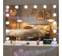 Hasipu Hollywood Vanity Mirror with Lights and Bluetooth Speaker, 70 x 50cm Makeup Mirror with 24 Dimmable LED Bulbs 3 Color Modes, 5X Magnifying Glass, Touch Control, USB and Type-C, Tempered Glass