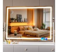 Hasipu Vanity Mirror with Lights, 107 x 76cm LED Makeup Mirror, Light up Mirror with 10X Magnification and Brightness Adjustment, Smart Touch 3 Colors Dimmable, 360° Rotation (Square White)