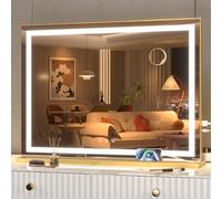 Hasipu Vanity Mirror with Lights, 58 x 48cm LED Makeup Mirror, Lighted Make up Mirrors with Dimmable 3 Modes, Touch Screen Control Vanity Mirrors Square Gold