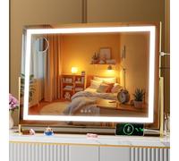 Hasipu Vanity Mirror with Lights, LED Make up Mirror, Light up Mirror with 10X Magnification and Brightness Adjustment, 3 Color Dimmable, Smart Touch & 360° Rotation (Square Gold 75 x 55cm)