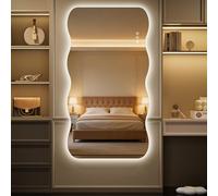 Hasipu Wavy Full Length Mirror with Lights - 150 x 90cm LED Wavy Floor Mirror, Frameless, Dimmable, Standing or Vertical/Horizontal Wall-Mounted Mirror for Bedroom, Living Room, Cloakroom