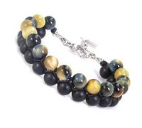 HASKARE Tiger Eye Bracelet Men Blue Real Crystal Premium Tigers Eye Black Matt Onyx 8mm Beads Bracelet, Handmade with Durable Steel Wire Mens Jewelry Gifts for Father Husband Christmas Birthday