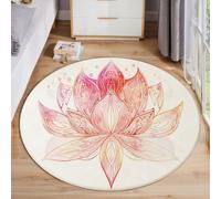 HASLEFND 100cm Elegant Flowers Blooming Lotus Pattern Round Area Rug for Kids Room, Playroom, Office, Unisex, All Seasons, Washable, Non Slip, Low Pile, Pink, Indoor, Decorative Floor Covering