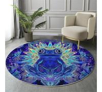 HASLEFND 100cm Psychedelic Art Style Frog Lotus Pattern Round Area Rug for Kids Room, Playroom, Office, Unisex, All Seasons, Washable, Non Slip, Low Pile, Blue, Indoor, Decorative Floor Covering