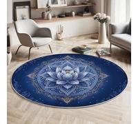 HASLEFND 100cm Religious Symbols Blue Lotus Pattern Round Area Rug for Kids Room, Playroom, Office, Unisex, All Seasons, Washable, Non Slip, Low Pile, Navy Blue, Indoor, Decorative Floor Covering