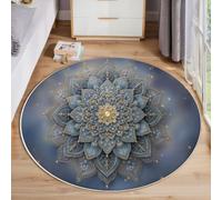 HASLEFND 120cm Luxury Style Blue Lotus Pattern Round Area Rug for Kids Room, Playroom, Office, Unisex, All Seasons, Washable, Non Slip, Low Pile, Gold, Indoor, Decorative Floor Covering