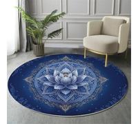 HASLEFND 120cm Mandala Style Large Lotus Pattern Round Area Rug for Kids Room, Playroom, Office, Unisex, All Seasons, Washable, Non Slip, Low Pile, Blue, Indoor, Decorative Floor Covering
